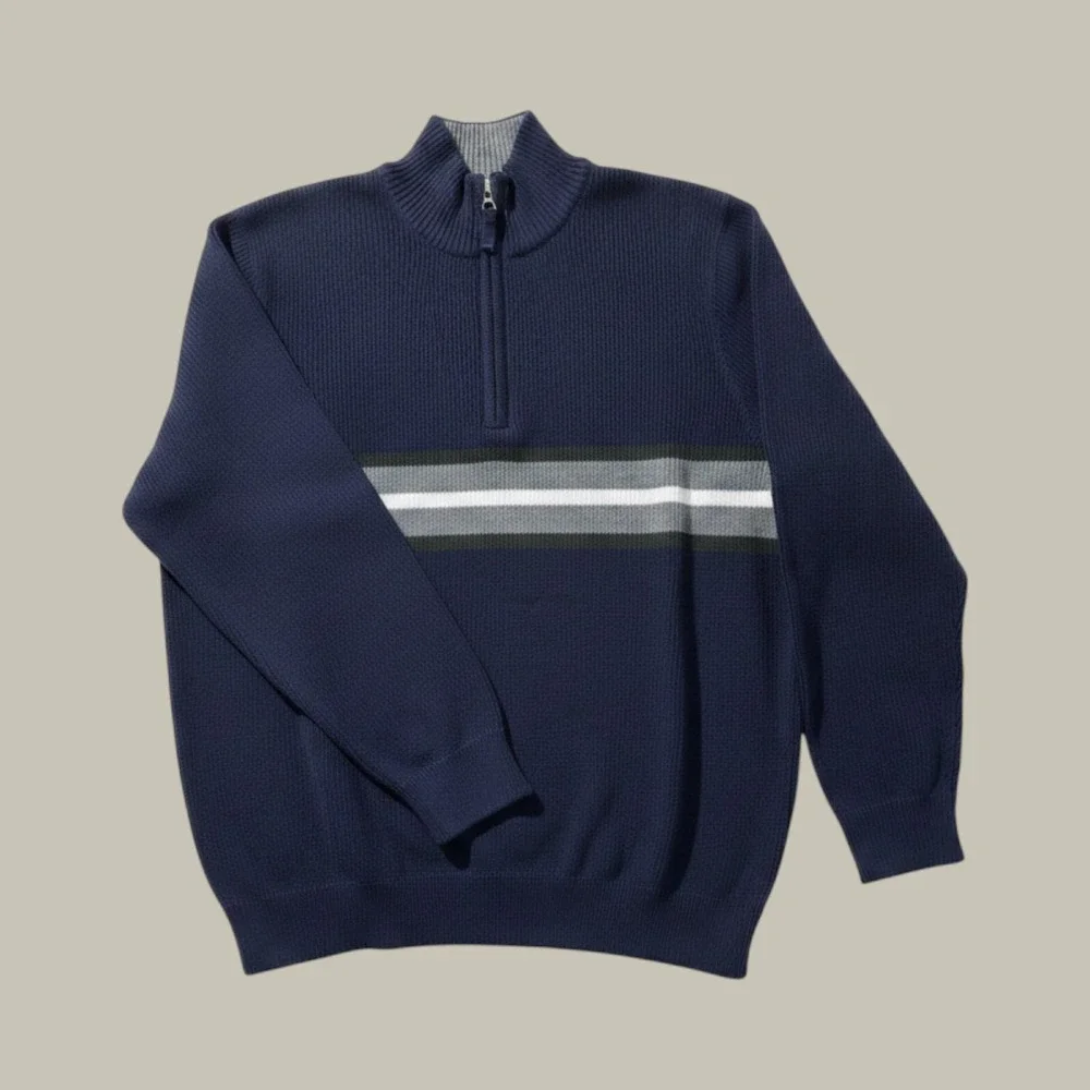 Eddie Bauer Mens Quarter Zip Sweater Navy Blue Ribbed Knit Striped Chest Large